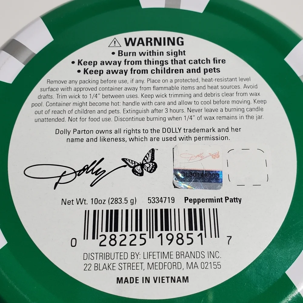 DOLLY PARTON Candy Cane Tin Candle Green & White Swirl 10 oz. Reusable Holiday